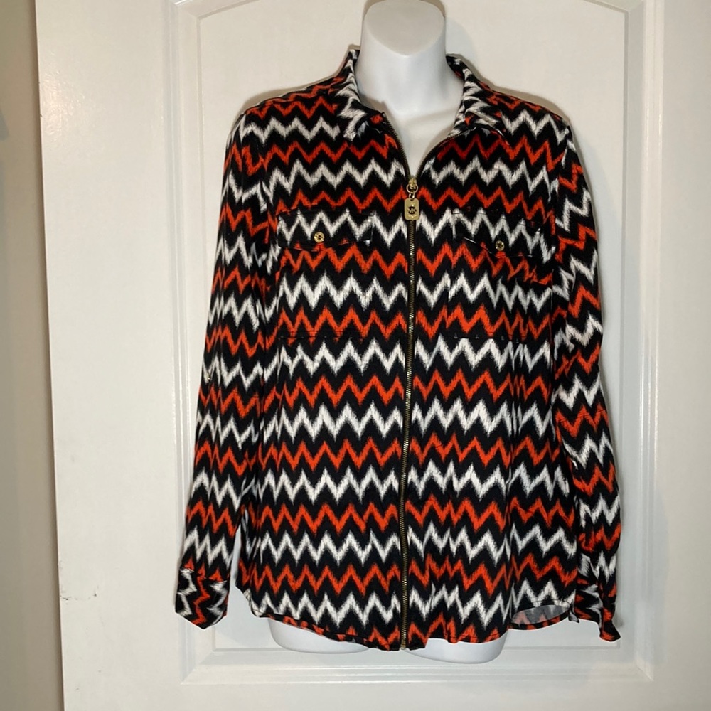 Michael Kors size 14 red black, white top,  dog tag zipper fully zips